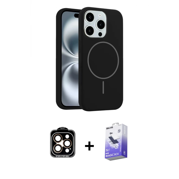 ieg™ iPhone 14 Pro Max Kılıf Yankı Form Serisi - Siyah Bilvis 5in1 5D Magic Hayalet Cam Ekran Koruyucu + PVD Metal Kamera Lens - TU