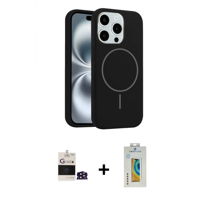 ieg™ iPhone 14 Pro Max Kılıf Yankı Form Serisi - Siyah Polymer Nano Ekran Koruyucu + Bilvis Titan Kamera Lens - DNMR