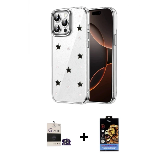 ieg™ iPhone 14 Pro Max Kılıf Yörünge Form - Siyah Buffer Hayalet Cam Ekran Koruyucu + Bilvis Titan Kamera Lens - GS