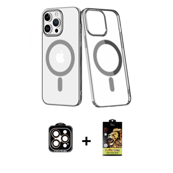 ieg™ iPhone 14 Pro Max Kılıf Yörünge Minimal - Siyah Buffer Cam Ekran Koruyucu + PVD Metal Kamera Lens - TU