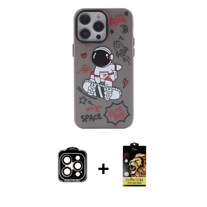 ieg™ iPhone 14 Pro Max Kılıf Zirve Form Özel Seri - Siyah Buffer Cam Ekran Koruyucu + PVD Metal Kamera Lens - TU