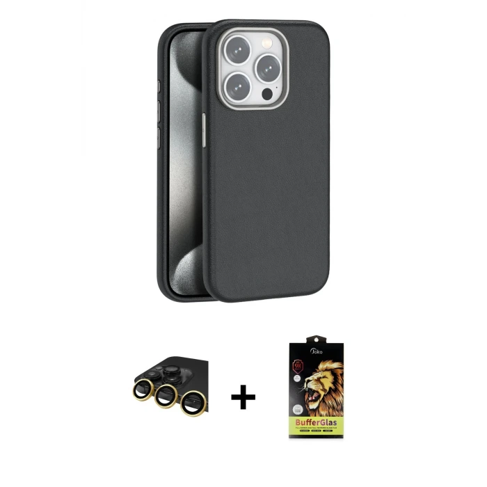ieg™ iPhone 14 Pro Max Kılıf Zirve Modern Prime - Siyah Buffer Cam Ekran Koruyucu + Raze Metal Kamera Lens - GD