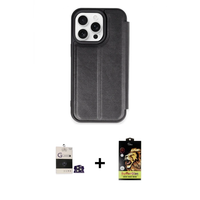 ieg™ iPhone 14 Pro Max Kılıf Zirve Yansıma Serisi - Siyah Buffer Cam Ekran Koruyucu + Bilvis Titan Kamera Lens - GS