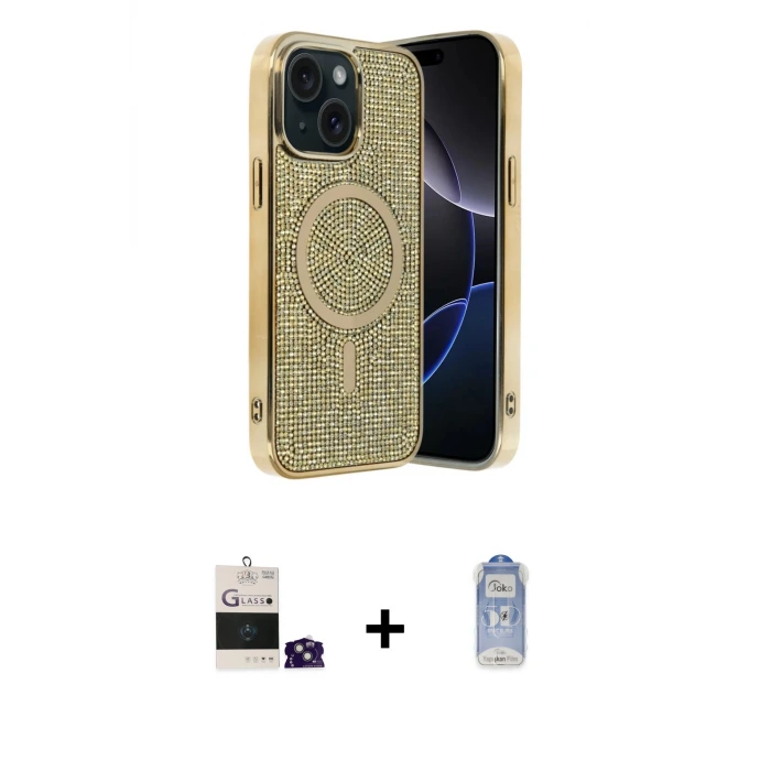 ieg™ iPhone 15 Kılıf Eksen Çizgi - Siyah Joko Magic 5D Cam + Bilvis Titan Kamera Lens - YL