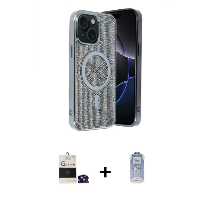 ieg™ iPhone 15 Kılıf Eksen Çizgi - Siyah Joko Magic 5D Cam + Bilvis Titan Kamera Lens - YL