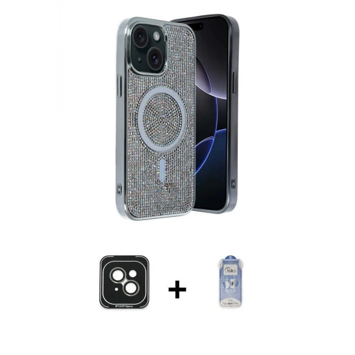 ieg™ iPhone 15 Kılıf Eksen Çizgi - Siyah Joko Magic 5D Cam + PVD Metal Kamera Lens - YL