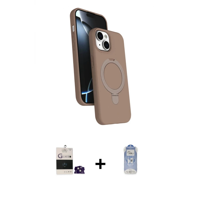 ieg™ iPhone 15 Kılıf İz Işık Koleksiyonu - Siyah Joko Magic 5D Cam + Bilvis Titan Kamera Lens - PE