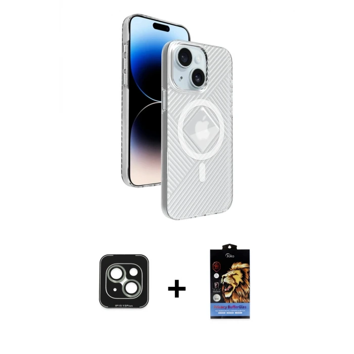 ieg™ iPhone 15 Kılıf Nova Modern Prime - Siyah Buffer Hayalet Cam Ekran Koruyucu + PVD Metal Kamera Lens - YL