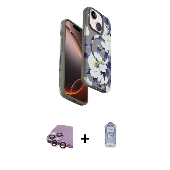 ieg™ iPhone 15 Kılıf Siluet Doku - Siyah Joko Magic 5D Cam + Raze Metal Kamera Lens - SI