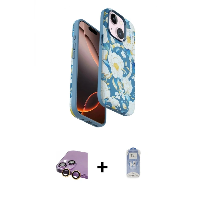 ieg™ iPhone 15 Kılıf Siluet Doku - Siyah Joko Magic 5D Cam + Raze Metal Kamera Lens - SI