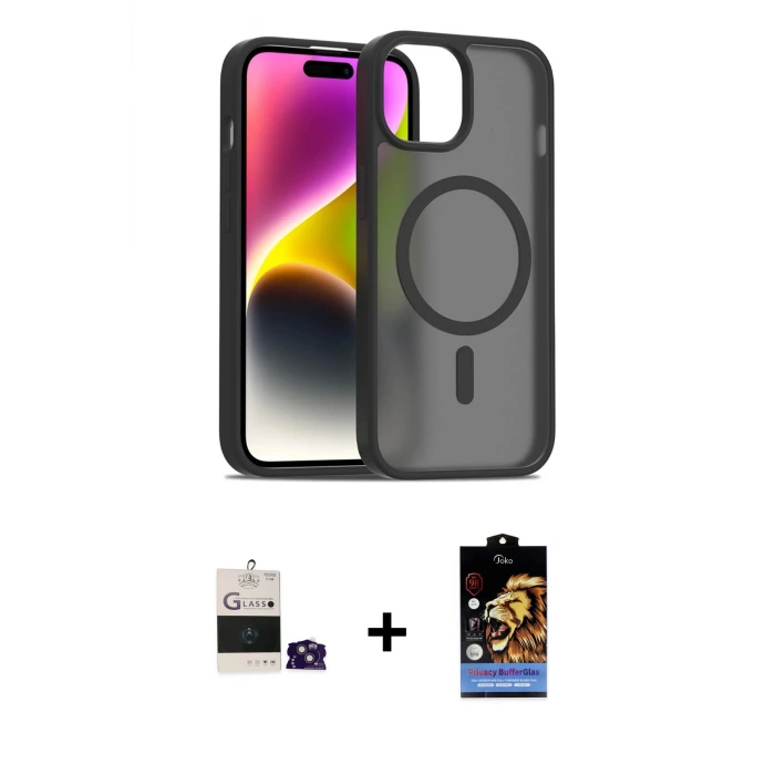 ieg™ iPhone 15 Kılıf Siluet Minimal Prime - Siyah Buffer Hayalet Cam Ekran Koruyucu + Bilvis Titan Kamera Lens - PE