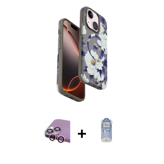 ieg™ iPhone 15 Plus Kılıf Siluet Doku - Siyah Joko Magic 5D Cam + Raze Metal Kamera Lens - PE