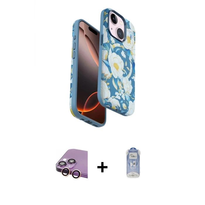 ieg™ iPhone 15 Plus Kılıf Siluet Doku - Siyah Joko Magic 5D Cam + Raze Metal Kamera Lens - PE