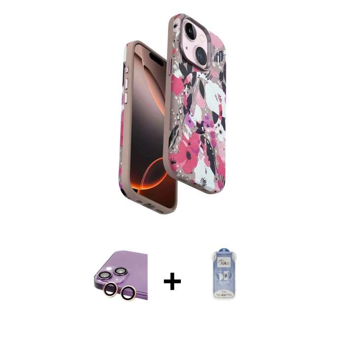 ieg™ iPhone 15 Plus Kılıf Siluet Doku - Siyah Joko Magic 5D Cam + Raze Metal Kamera Lens - PE
