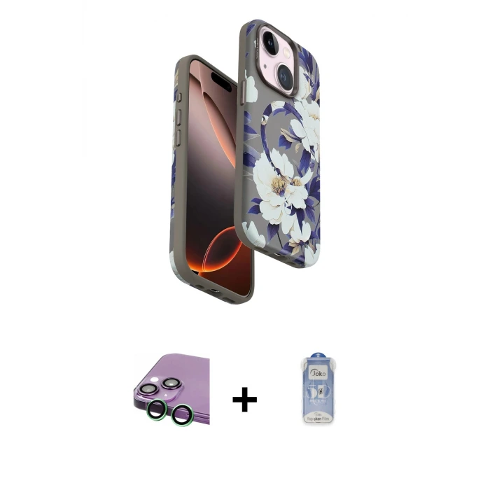 ieg™ iPhone 15 Plus Kılıf Siluet Doku - Siyah Joko Magic 5D Cam + Raze Metal Kamera Lens - YL