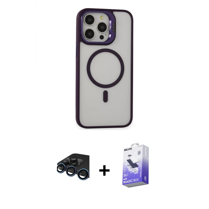 ieg™ iPhone 15 Pro Kılıf Ahenk Klasik Özel Seri - Siyah Bilvis 5in1 5D Magic Hayalet Cam Ekran Koruyucu + Raze Metal Kamera Lens - LT
