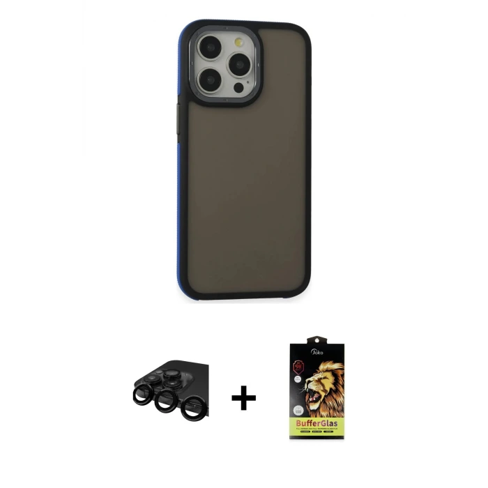 ieg™ iPhone 15 Pro Kılıf Eksen Işık - Siyah Buffer Cam Ekran Koruyucu + Raze Metal Kamera Lens - SH