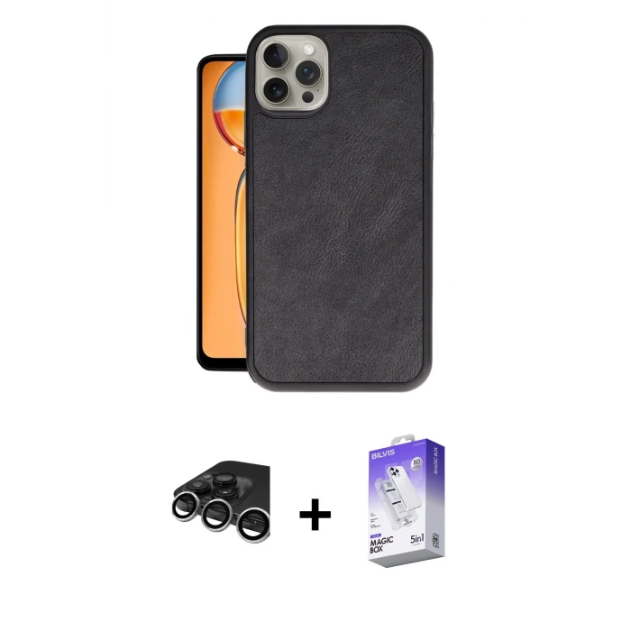 ieg™ iPhone 15 Pro Kılıf Kıvılcım Işık Serisi - Siyah Bilvis 5in1 3D Magic Cam Ekran Koruyucu + Raze Metal Kamera Lens - GS
