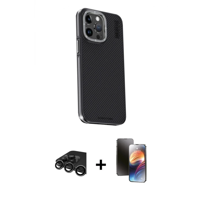 ieg™ iPhone 15 Pro Kılıf Kıvılcım Modern Özel Seri - Siyah 3D Antistatik Mat Seramik Nano Ekran Koruyucu + Raze Metal Kamera Lens - TMGI