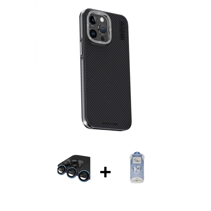 ieg™ iPhone 15 Pro Kılıf Kıvılcım Modern Özel Seri - Siyah Joko Magic 5D Cam + Raze Metal Kamera Lens - LT