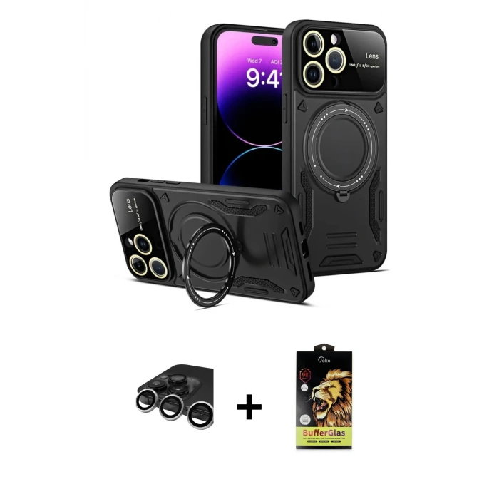 ieg™ iPhone 15 Pro Kılıf Kıvılcım Modern Serisi - Siyah Buffer Cam Ekran Koruyucu + Raze Metal Kamera Lens - GS