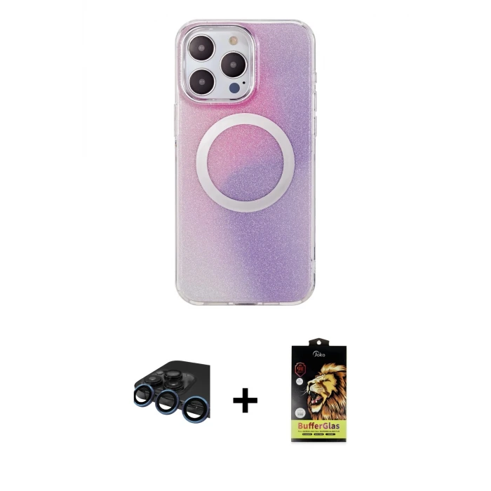 ieg™ iPhone 15 Pro Kılıf Pusula Form - Siyah Buffer Cam Ekran Koruyucu + Raze Metal Kamera Lens - LT
