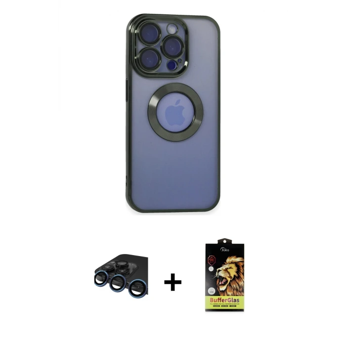 ieg™ iPhone 15 Pro Kılıf Pusula Form - Siyah Buffer Cam Ekran Koruyucu + Raze Metal Kamera Lens - LT