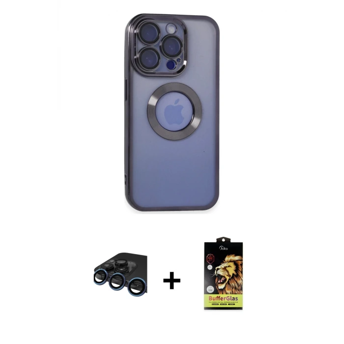 ieg™ iPhone 15 Pro Kılıf Pusula Form - Siyah Buffer Cam Ekran Koruyucu + Raze Metal Kamera Lens - LT