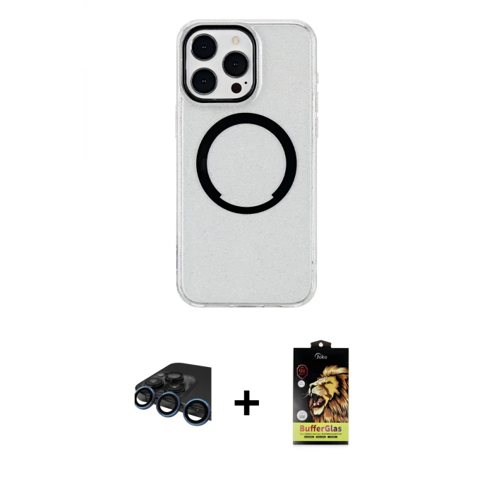 ieg™ iPhone 15 Pro Kılıf Pusula Form - Siyah Buffer Cam Ekran Koruyucu + Raze Metal Kamera Lens - LT