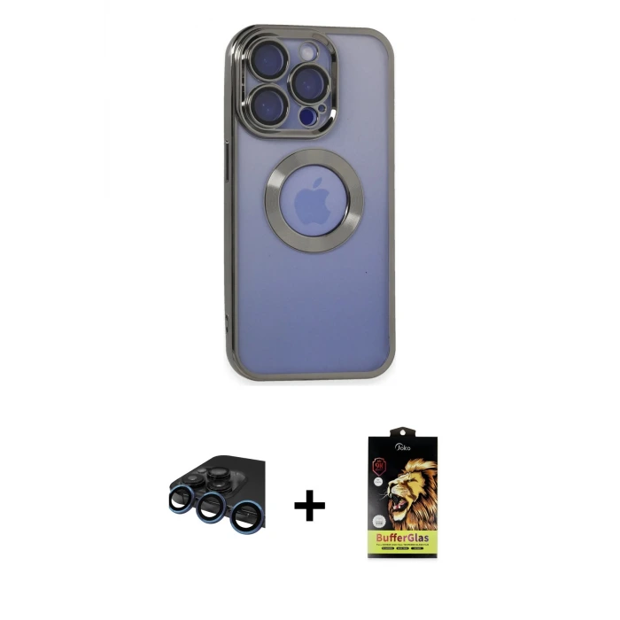 ieg™ iPhone 15 Pro Kılıf Pusula Form - Siyah Buffer Cam Ekran Koruyucu + Raze Metal Kamera Lens - LT