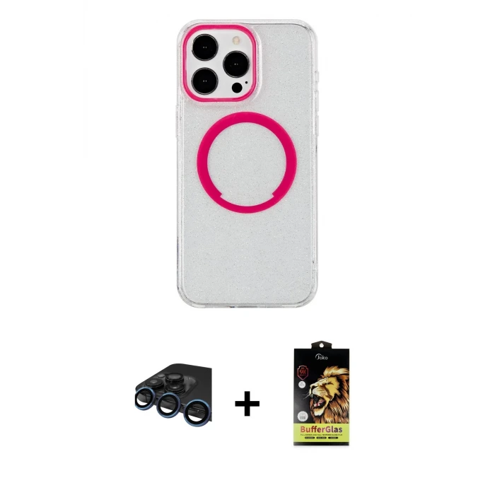 ieg™ iPhone 15 Pro Kılıf Pusula Form - Siyah Buffer Cam Ekran Koruyucu + Raze Metal Kamera Lens - LT
