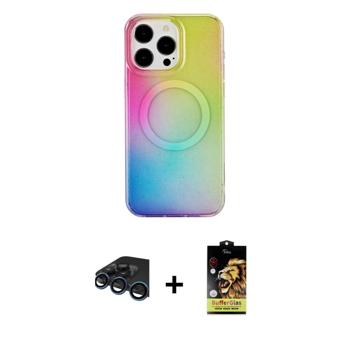 ieg™ iPhone 15 Pro Kılıf Pusula Form - Siyah Buffer Cam Ekran Koruyucu + Raze Metal Kamera Lens - LT