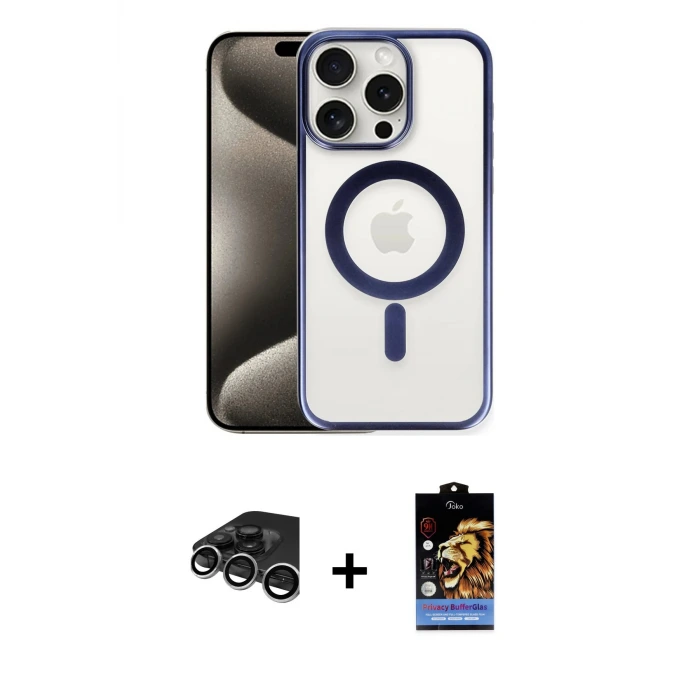 ieg™ iPhone 15 Pro Kılıf Siluet Çizgi Serisi - Siyah Buffer Hayalet Cam Ekran Koruyucu + Raze Metal Kamera Lens - GS