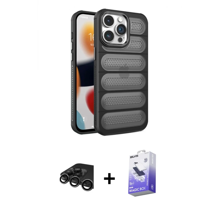 ieg™ iPhone 15 Pro Kılıf Yadigar Doku Özel Seri - Siyah Bilvis 5in1 5D Magic Hayalet Cam Ekran Koruyucu + Raze Metal Kamera Lens - TMGI