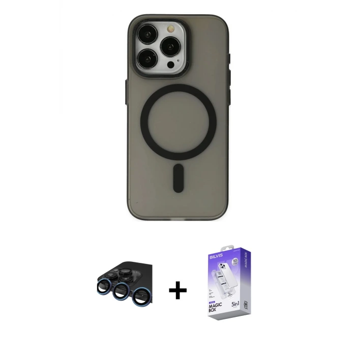 ieg™ iPhone 15 Pro Kılıf Yadigar Işık - Siyah Bilvis 5in1 3D Magic Cam Ekran Koruyucu + Raze Metal Kamera Lens - LT