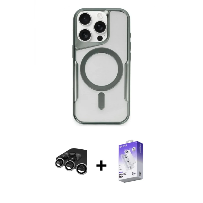 ieg™ iPhone 15 Pro Kılıf Yadigar Klasik Özel Seri - Siyah Bilvis 5in1 3D Magic Cam Ekran Koruyucu + Raze Metal Kamera Lens - GS