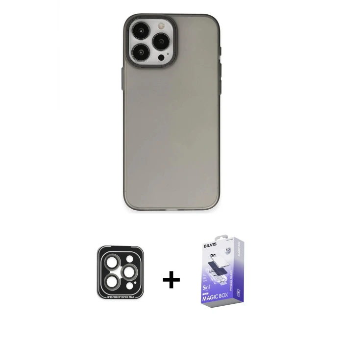 ieg™ iPhone 15 Pro Max Kılıf Ahenk Çizgi Prime - Siyah Bilvis 5in1 5D Magic Hayalet Cam Ekran Koruyucu + PVD Metal Kamera Lens - GI