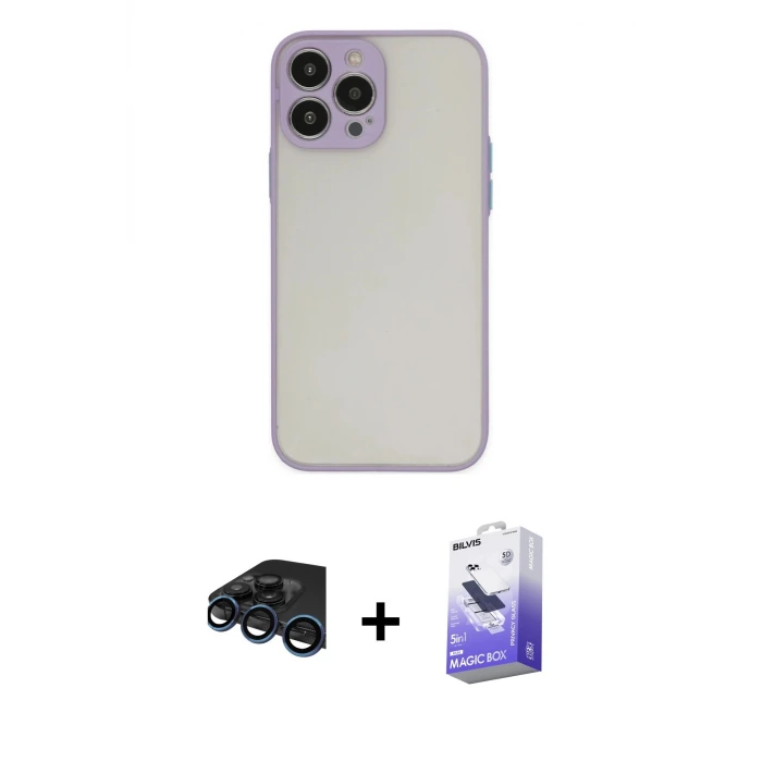ieg™ iPhone 15 Pro Max Kılıf Ahenk Çizgi Serisi - Siyah Bilvis 5in1 5D Magic Hayalet Cam Ekran Koruyucu + Raze Metal Kamera Lens - LT