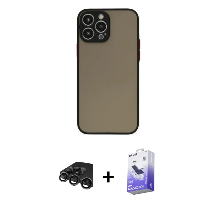 ieg™ iPhone 15 Pro Max Kılıf Ahenk Çizgi Serisi - Siyah Bilvis 5in1 5D Magic Hayalet Cam Ekran Koruyucu + Raze Metal Kamera Lens - TMGI
