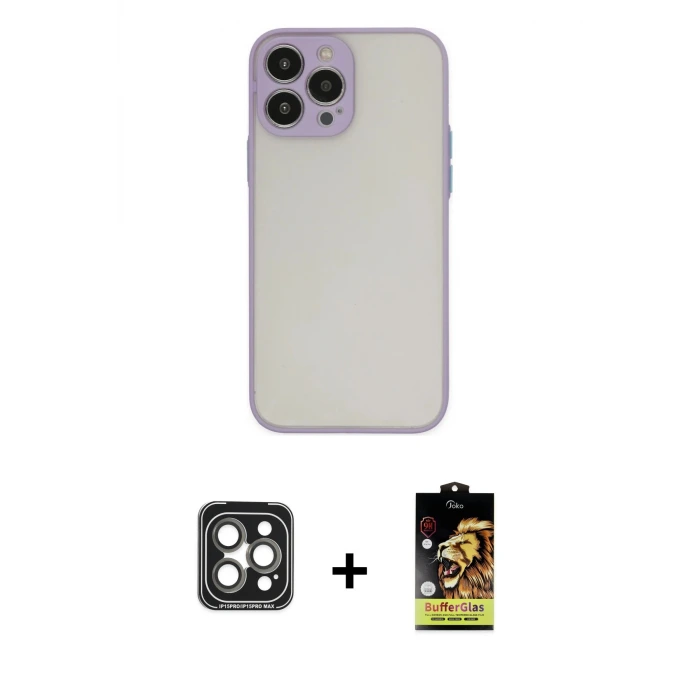 ieg™ iPhone 15 Pro Max Kılıf Ahenk Çizgi Serisi - Siyah Buffer Cam Ekran Koruyucu + PVD Metal Kamera Lens - GI