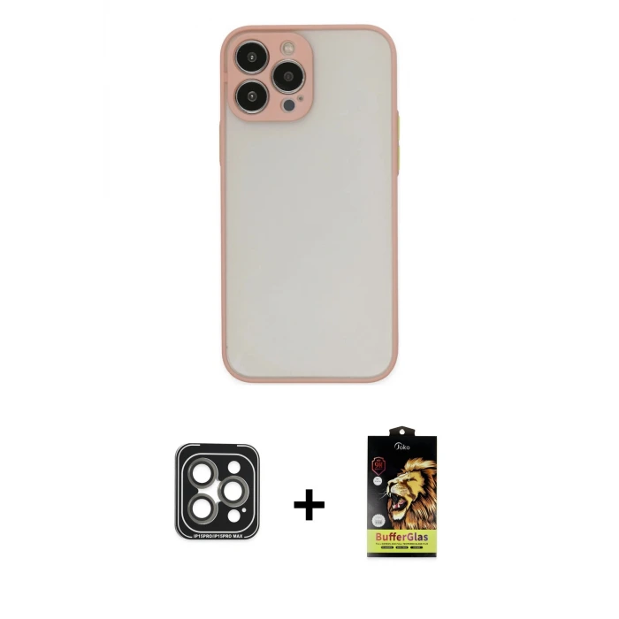 ieg™ iPhone 15 Pro Max Kılıf Ahenk Çizgi Serisi - Siyah Buffer Cam Ekran Koruyucu + PVD Metal Kamera Lens - GI
