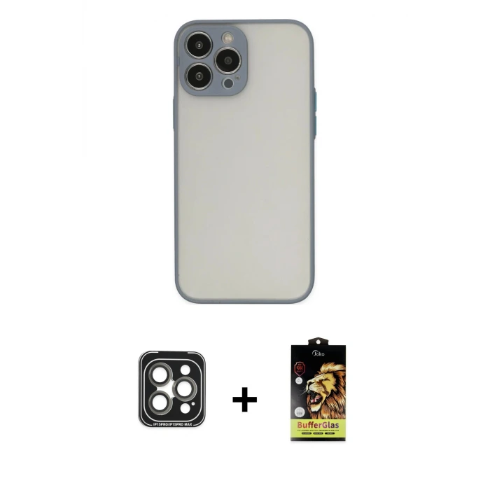 ieg™ iPhone 15 Pro Max Kılıf Ahenk Çizgi Serisi - Siyah Buffer Cam Ekran Koruyucu + PVD Metal Kamera Lens - GI