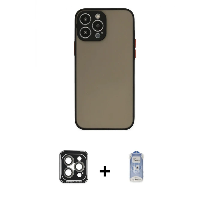 ieg™ iPhone 15 Pro Max Kılıf Ahenk Çizgi Serisi - Siyah Joko Magic 5D Cam + PVD Metal Kamera Lens - GI