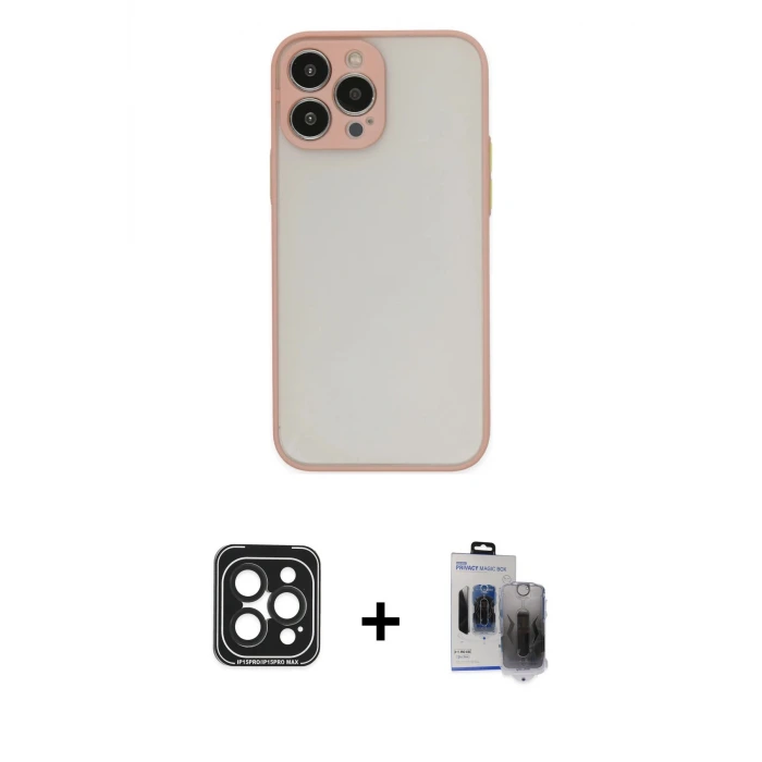 ieg™ iPhone 15 Pro Max Kılıf Ahenk Çizgi Serisi - Siyah Vanessa Magic Hayalet Cam + PVD Metal Kamera Lens - SH
