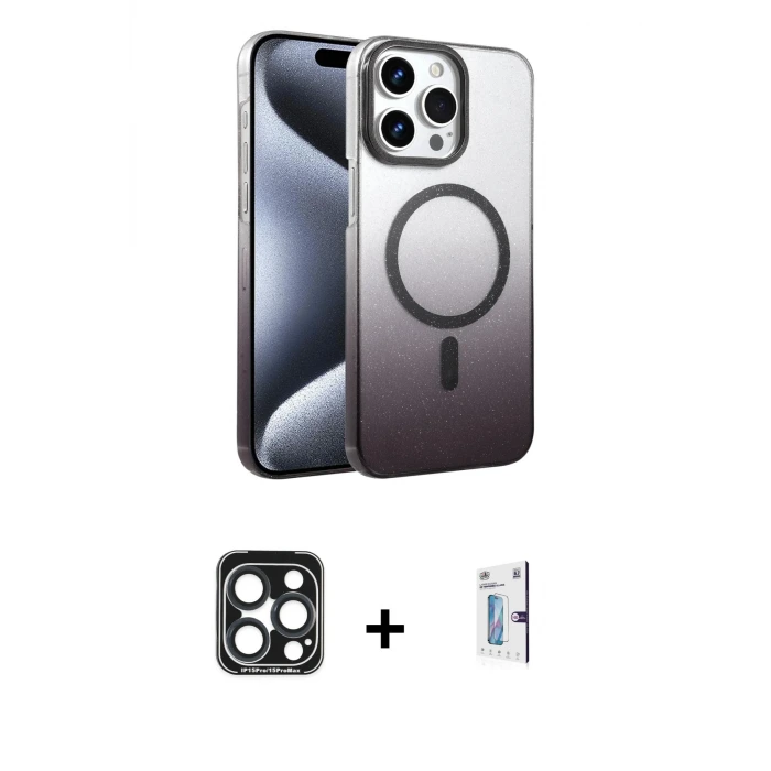 ieg™ iPhone 15 Pro Max Kılıf Ahenk Doku Özel Seri - Siyah Bilvis 0.18mm Plus Cam Ekran Koruyucu + PVD Metal Kamera Lens - LT