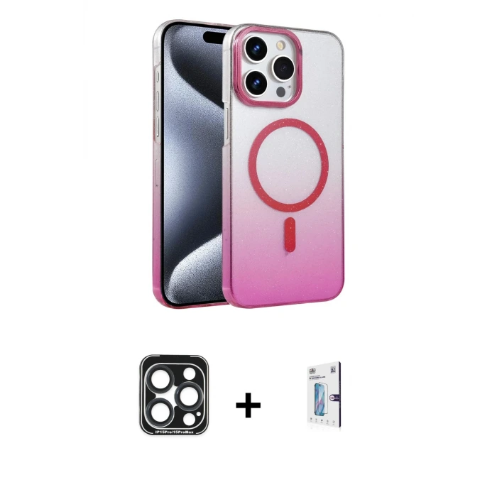 ieg™ iPhone 15 Pro Max Kılıf Ahenk Doku Özel Seri - Siyah Bilvis 0.18mm Plus Cam Ekran Koruyucu + PVD Metal Kamera Lens - LT