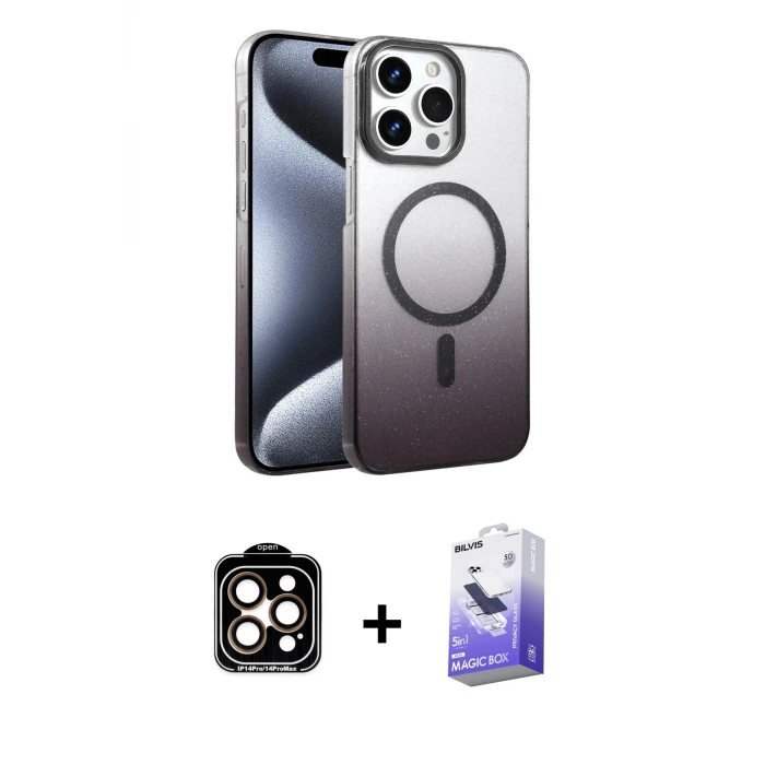 ieg™ iPhone 15 Pro Max Kılıf Ahenk Doku Özel Seri - Siyah Bilvis 5in1 5D Magic Hayalet Cam Ekran Koruyucu + PVD Metal Kamera Lens - TU
