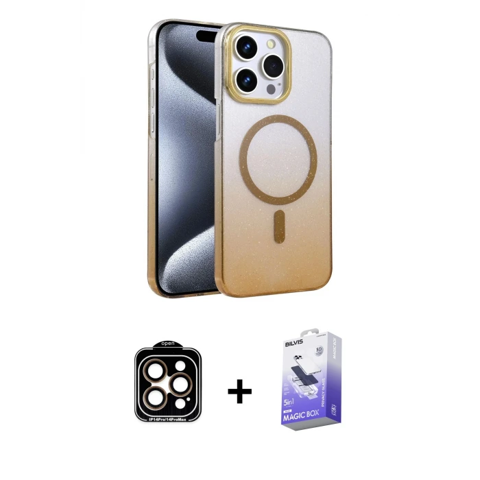 ieg™ iPhone 15 Pro Max Kılıf Ahenk Doku Özel Seri - Siyah Bilvis 5in1 5D Magic Hayalet Cam Ekran Koruyucu + PVD Metal Kamera Lens - TU