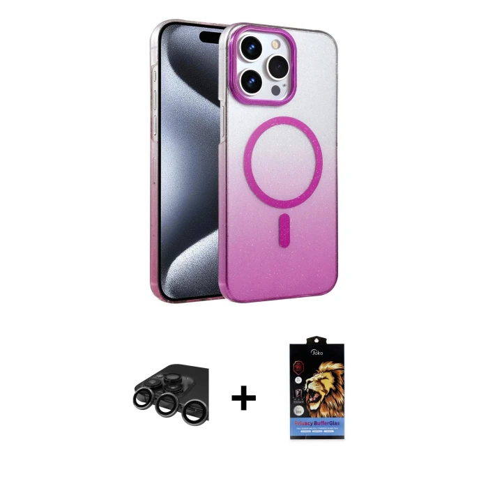 ieg™ iPhone 15 Pro Max Kılıf Ahenk Doku Özel Seri - Siyah Buffer Hayalet Cam Ekran Koruyucu + Raze Metal Kamera Lens - TMGI