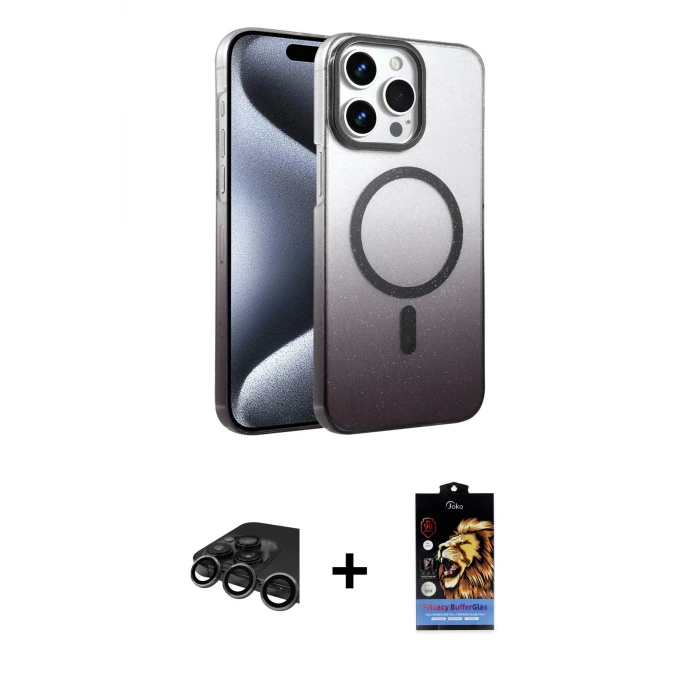 ieg™ iPhone 15 Pro Max Kılıf Ahenk Doku Özel Seri - Siyah Buffer Hayalet Cam Ekran Koruyucu + Raze Metal Kamera Lens - TMGI